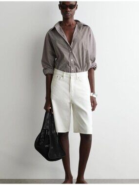 COS Mid Rise Longline Wide Leg Knee Length Denim Shorts Sz 25 White Minimalist